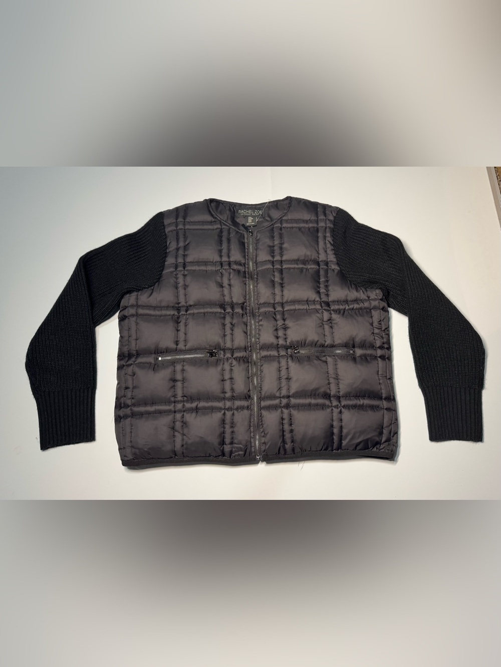 Rachel Zoe Black Cropped Puffer Jacket Womens Med Long Knit Sleeve Pockets NWOT